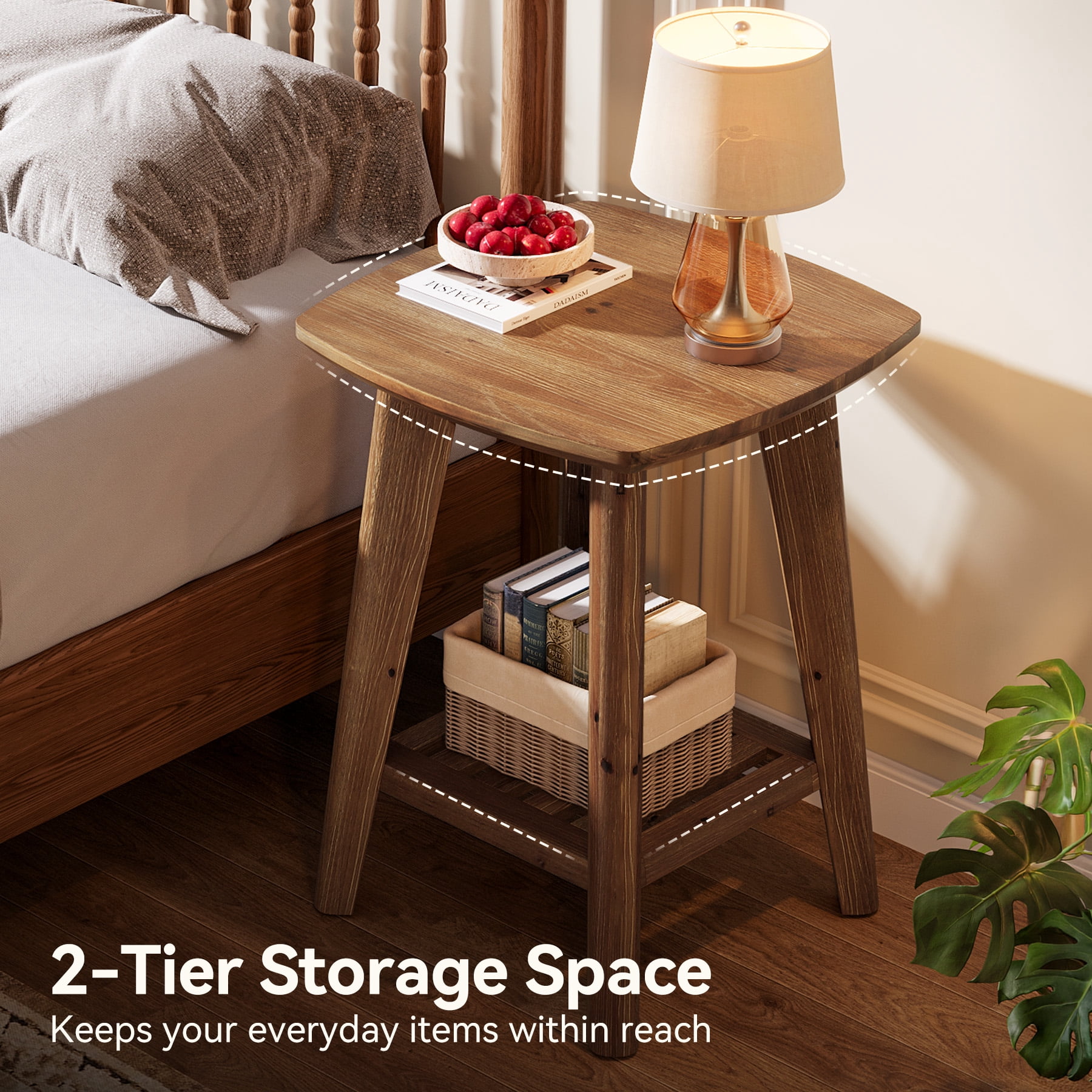 19.7" Solid Wood Square Side Table with 2-Tier Storage Shelf, Small Space End Table for Living Room, Bedroom & Sofa Side, Space-Saving Accent Table