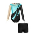 thumbnail image 3 of YIZYIF Kids Girls Gymnastics Skating Outfit Long Sleeve Shiny Rhinestones Bodysuit with Shorts Yoga Dance Suit Turquoise&Black 12, 3 of 7