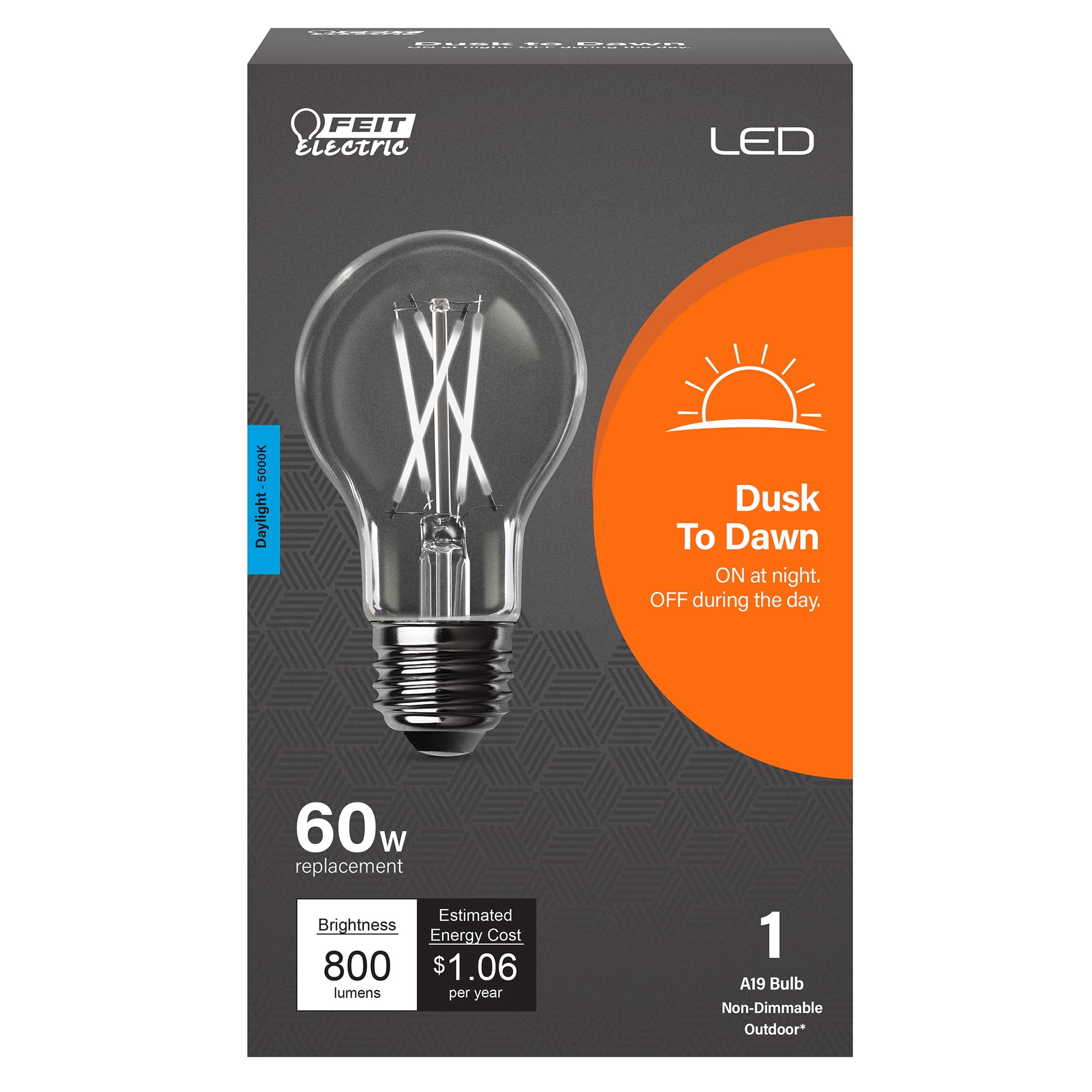 Feit Electric Dimmable LED 8.8W (60W Equiv.) Daylight 5K Dusk to Dawn A19 Clear Medium E26 Base