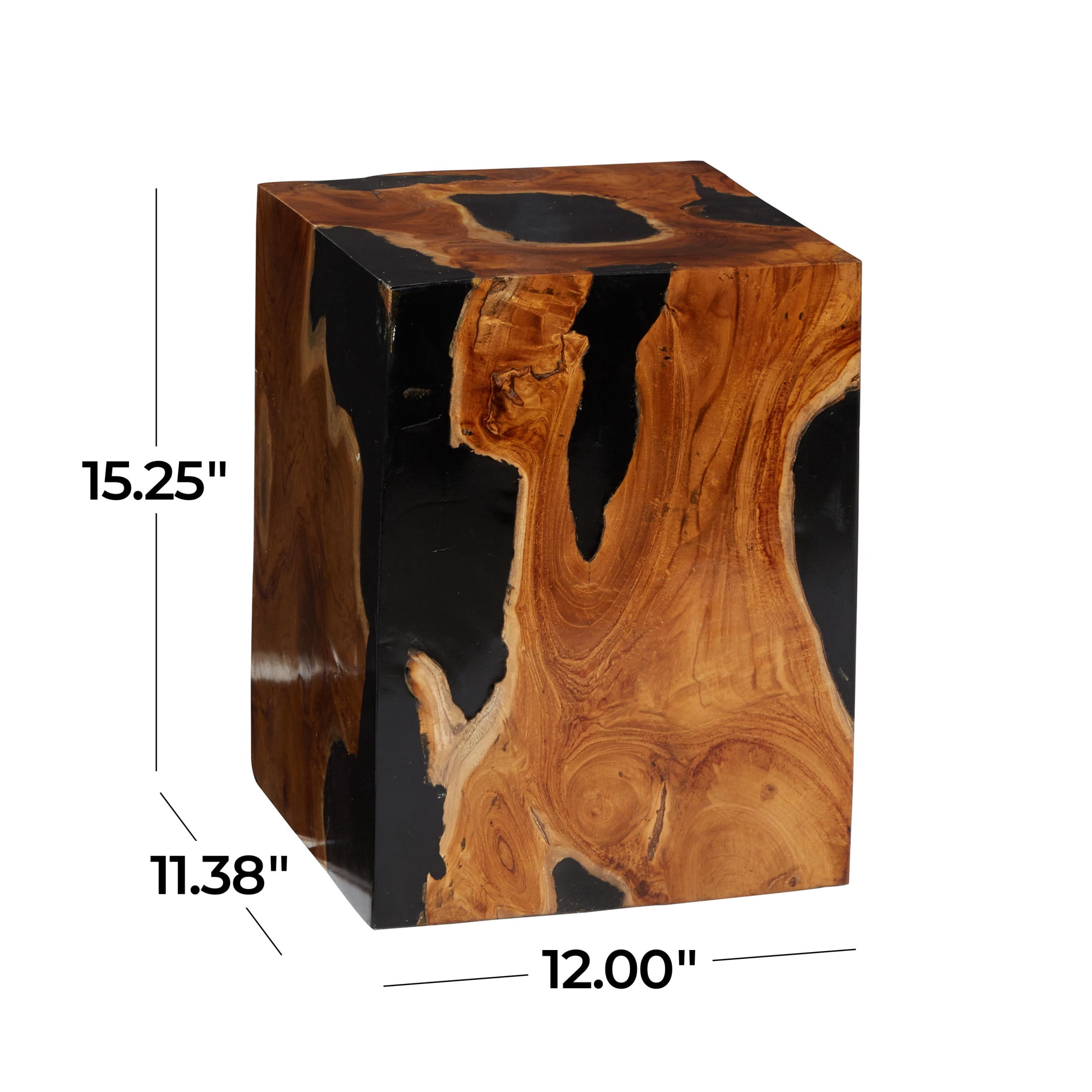 DecMode 12" x 15" Brown Teak Wood Block Abstract Accent Table with Black Resin Inlay, 1-Piece