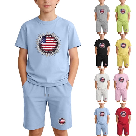 CHUMUD Boys 4th of July Shorts Sets 2 Piece Sunflower Graphic T-Shirt & Pull on Elastic Shorts Red White Blue Tees Stars Stripes Shirts Kids American Flag Clothes 4-13 Years