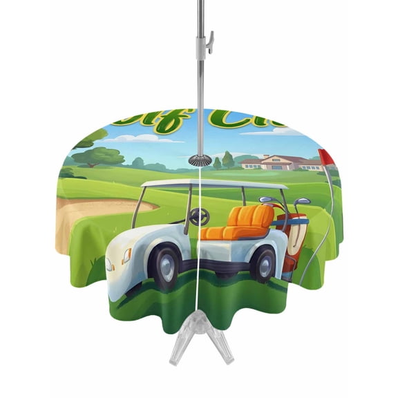 Outdoor Tablecloth with Umbrella Hole for Patio/Picnic/Party/Camping, Cartoon Golf Waterproof Table Cloth Round Cover Washable, Chic Country Green Trees Cabins Sports (Dia 54")