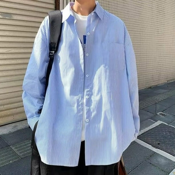 pstuiky Camisas casuales de manga larga para hombre, Camisa informal de moda para hombre con solapa, manga larga, botones y rayas con bolsillo tops de invierno para hombre xxxl