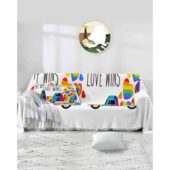 Rainbow Truck Sofa Covers for 3 Cushion Couch,Washable Sectional & L Shape Couch Covers for Dog/Cat/Kid,Colorful Love Heart Watercolor White Non Slip Sofa Slipcover Tassel Futon Cover 71''x150''