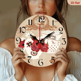 thumbnail image 2 of 2D Flat, 1pc 10Inch Rustic Farmhouse Floral Paris Decor Wooden Wall Clock - Silent Quartz Movement, Vintage Teacup Roses Design with French Script, Red_White Floral Pattern, AA Battery Operated (N, 2 of 7