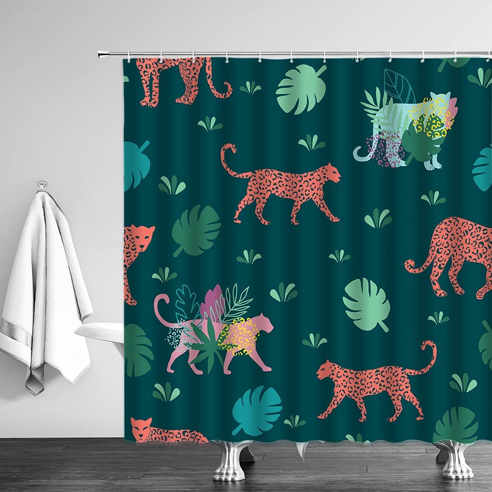 Leopard Shower Curtains Tropical Jungle Wildlife Cheetah Tiger Plant