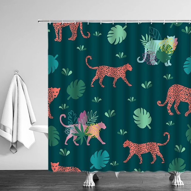 Leopard Shower Curtains Tropical Jungle Wildlife Cheetah Tiger Plant