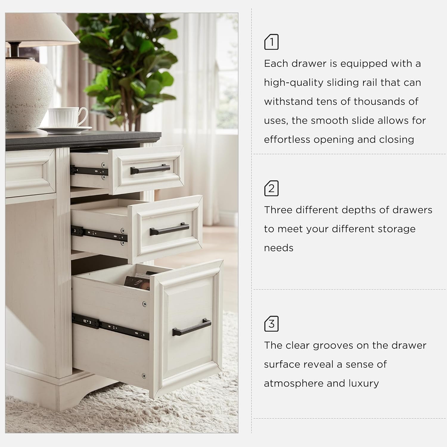 T4TREAM Farmhouse Wood 58" Executive Desk, Home Office 30" High Computer Desk with Drawers and Storage Cabinet, White