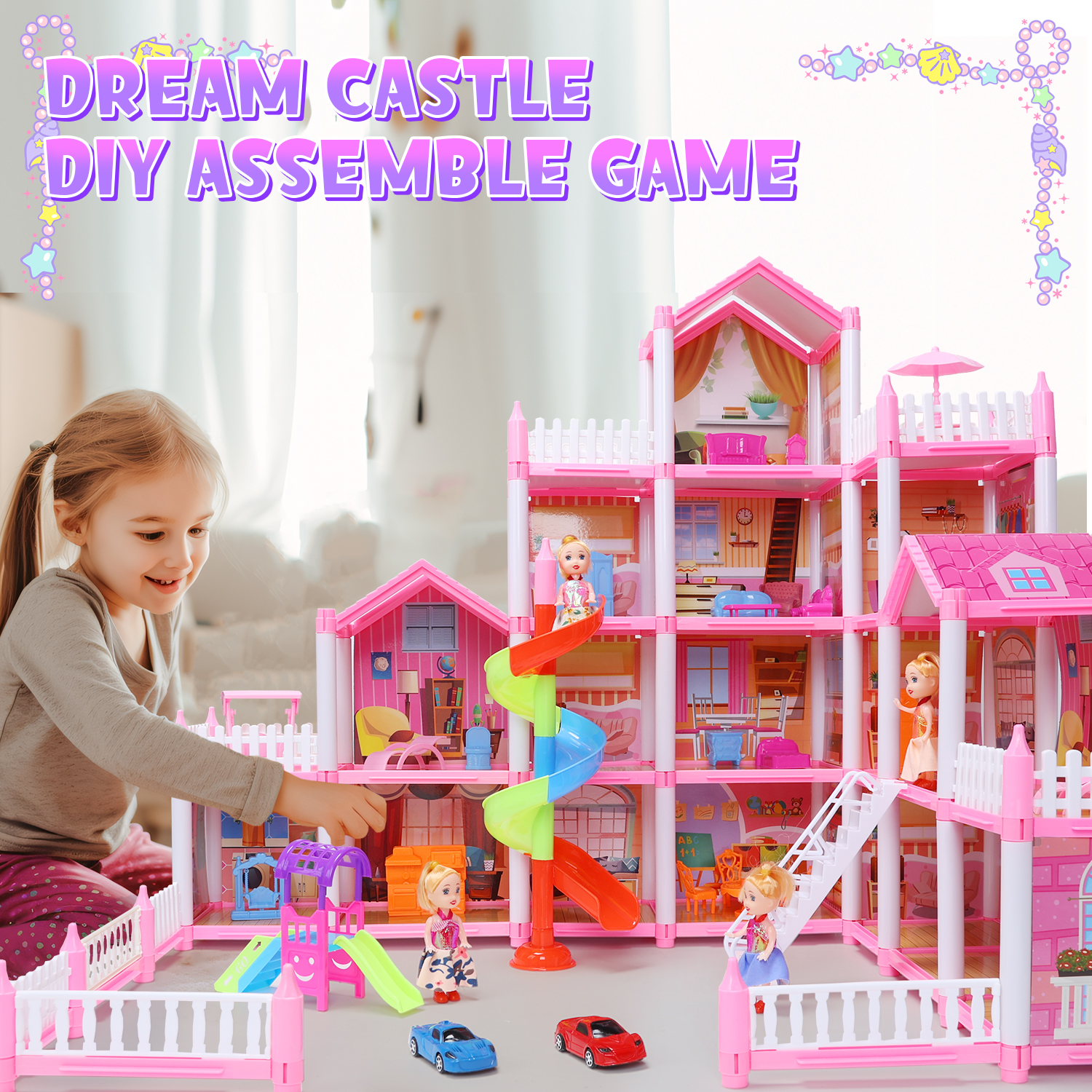 JoyStone Dream Dollhouse, 16 Rooms Playhouse with 4 Dolls Playset with Furniture&Light Strip& Rotating Slide, Gift Toy for Kids Ages 3-8 - image 5 of 9