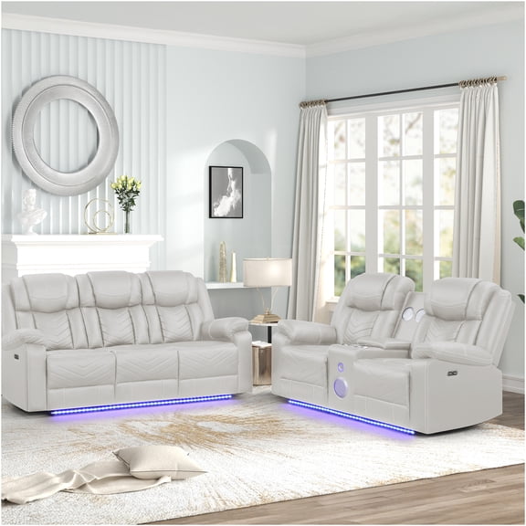 JERFIT Modern Power Recliner Set with Bluetooth Speakers, Faux Leather Sofa and Loveseat with Cup Holders, USB Charging, LED Lights for Living Room, Beige