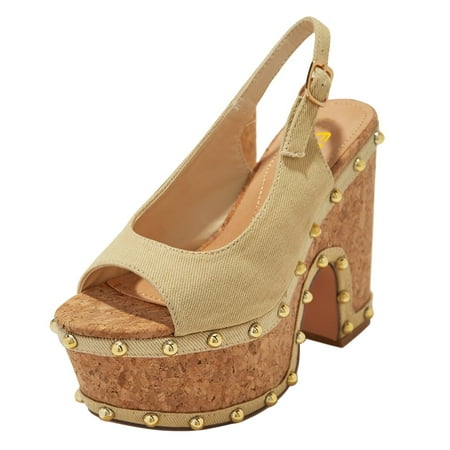 FSJ Women Fashion Studded Peep Toe Slingback Pumps Platform Wooden Chunky Wedges High Heels Sandals Adjustable Buckle Party Wedding Dating Casual Shoes Size 6.5 Apricot