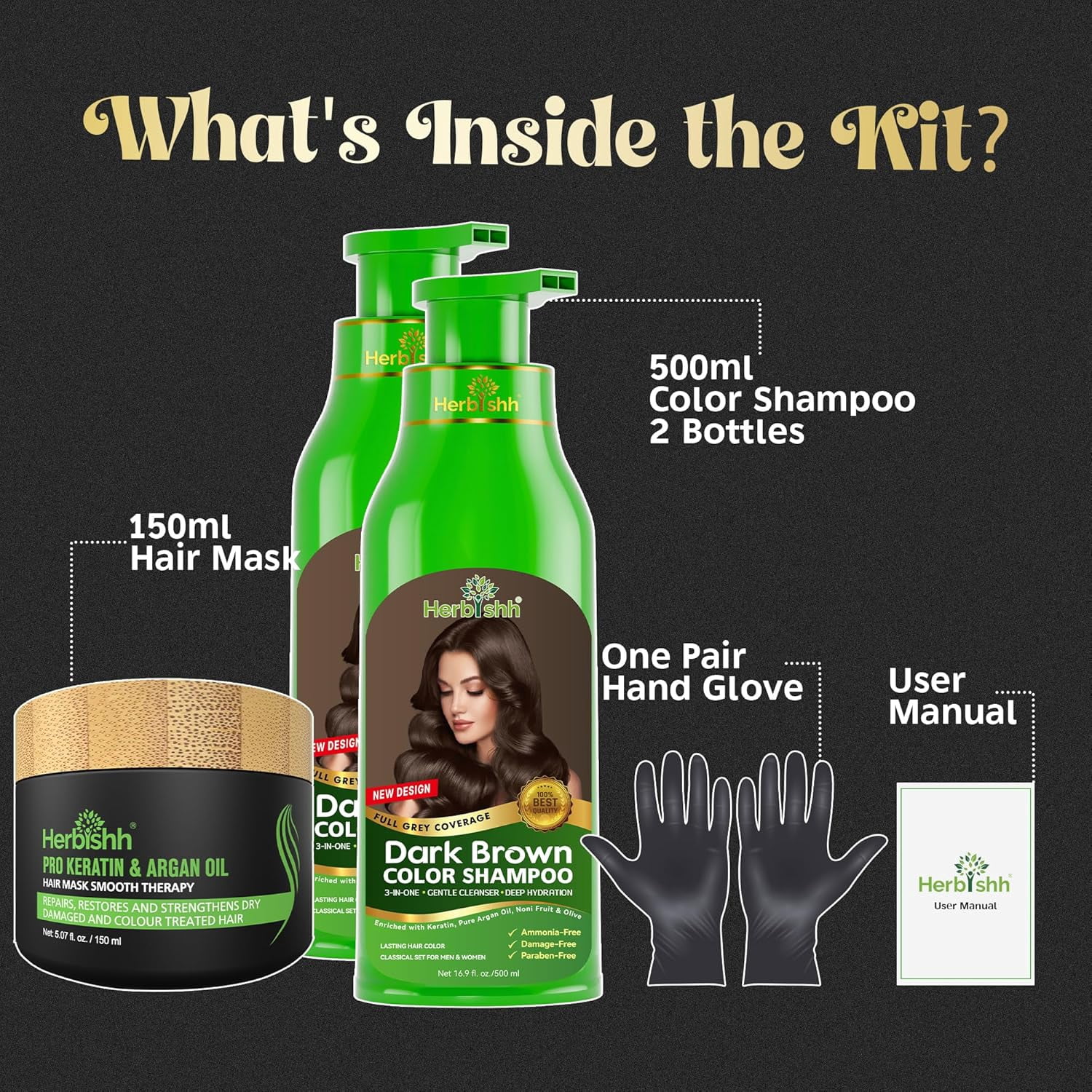 Herbishh Combo Pack - 2 Pc Hair Color Shampoo, Long Lasting Color, (500 ml, Dark Brown) + 1 Pc Argan Hair Mask, Nourishes Dry & Frizzy Hair (150 ml)