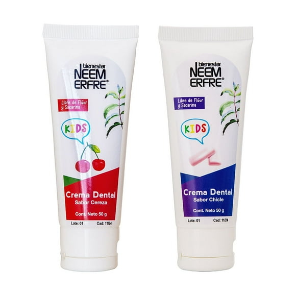 bienestar NEEM ERFRE Paquete mixto de 2 Crema dental infantil sabor cereza y chicle para niños bienestar NEEM ERFRE 2 envase de 50gr c/u