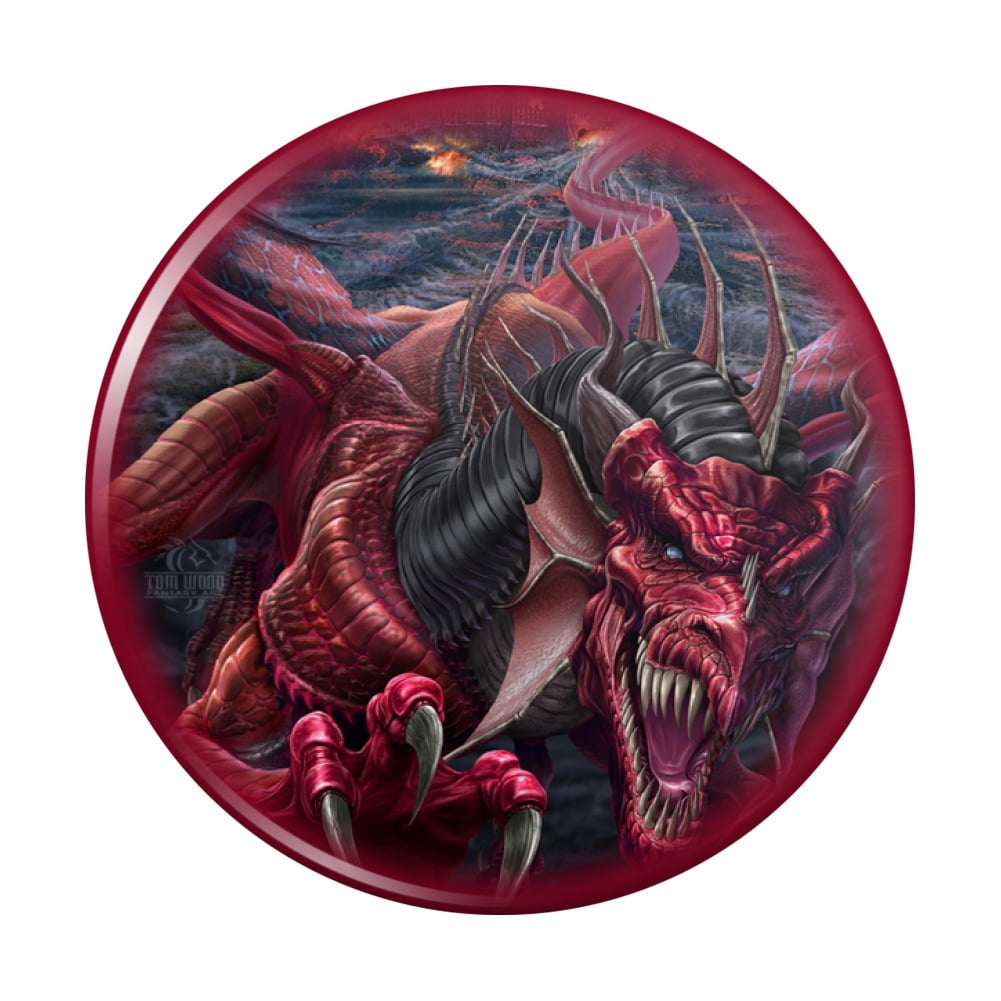 Evil Red Dragon Burning Castle Night Fantasy Pinback Button Pin