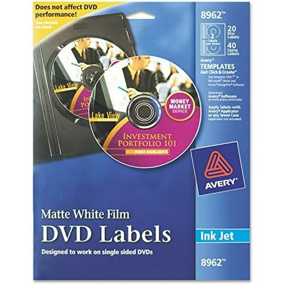 Avery 8962 DVD Inkjet Labels, 20 Sheet/2 Labels P/Sheet, Matte, White