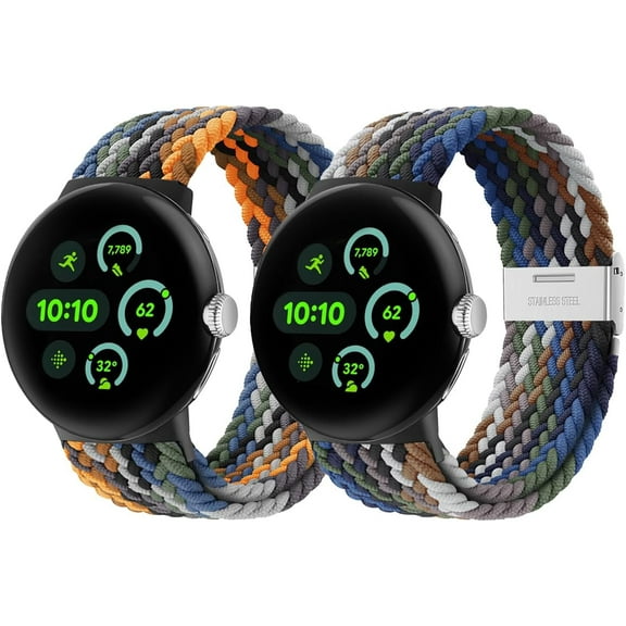 MYKOMI 2 Pack Braided Bands Compatible With Google Pixel Watch 3/2 45mm 41mm - Adjustable Stretchy Nylon Breathable Sport Straps for Women Men