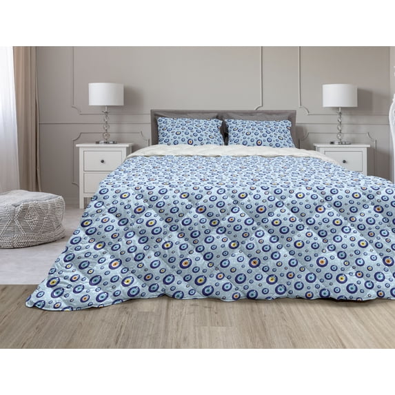 Evil Eye Comforter & Sham Bedding Set, Traditional Protection on Dotted Backdrop Celebration Theme, 3 pcs Duvet Set Microfiber Filling Quilt, 5 Sizes, Multicolor, by Ambesonne
