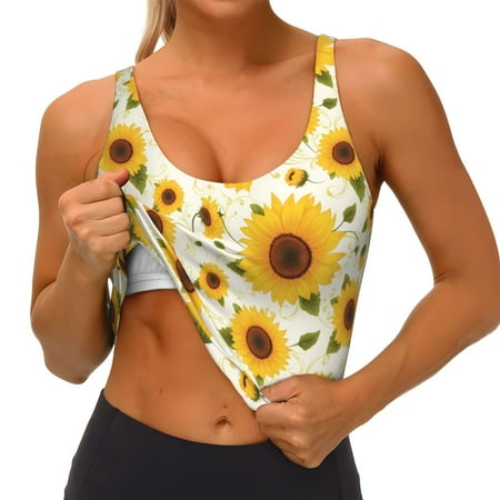 Qokaie European-style Pattern Sunflower A Pattern Womens Scoop Neck Sports Bra Breathable Workout Vest Padded U Back Medium Impact Fitness Gym Yoga Bra Workout Crop Top