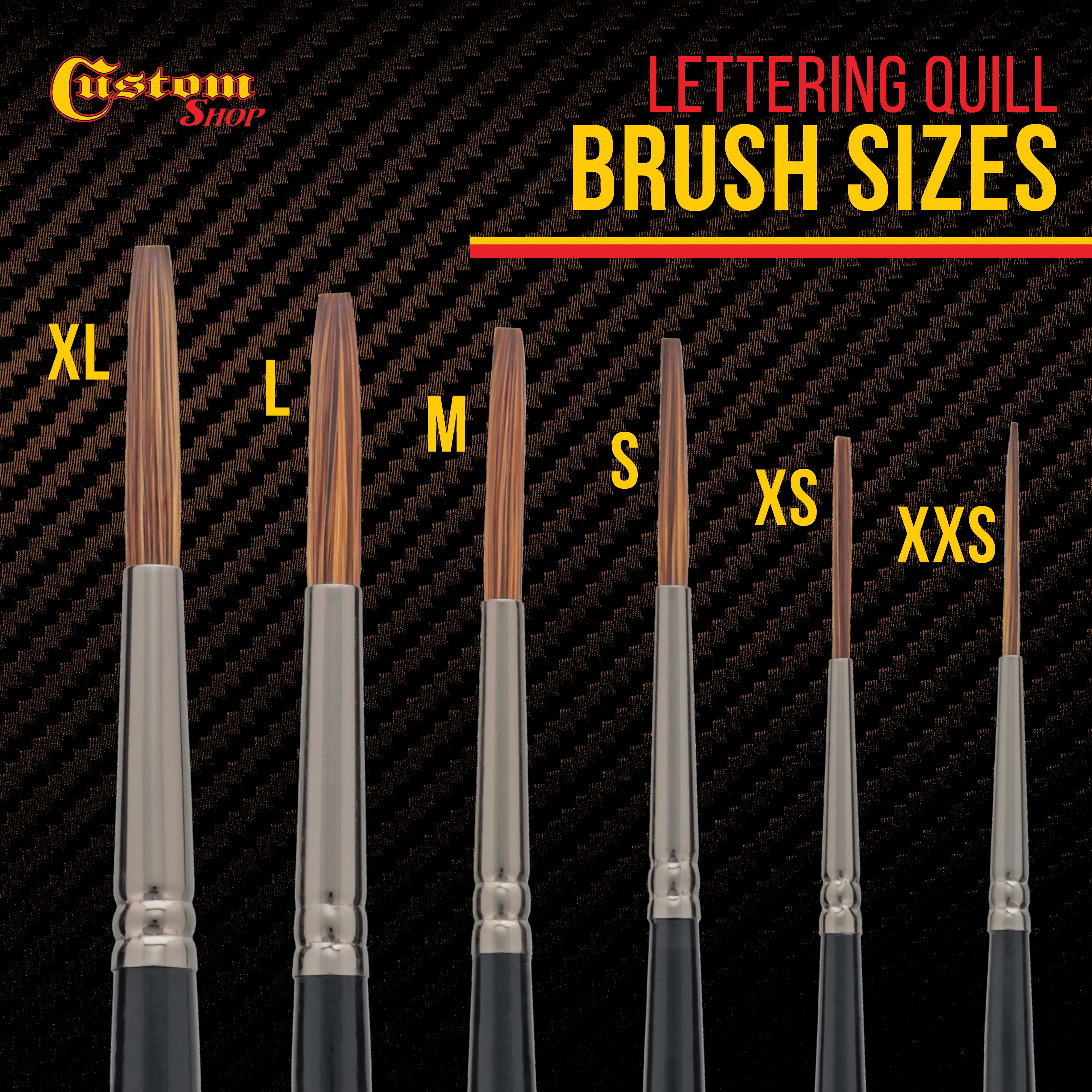 Custom Shop Set of 6 Lettering Quill Brushes for Sign Painting, Sizes XL, LG, MED, SM, XSM, XXSM - Brush Bristle Blend of Squirrel Taklon Hair, Professional Paint Pinstriping Striping Letter Lines Art