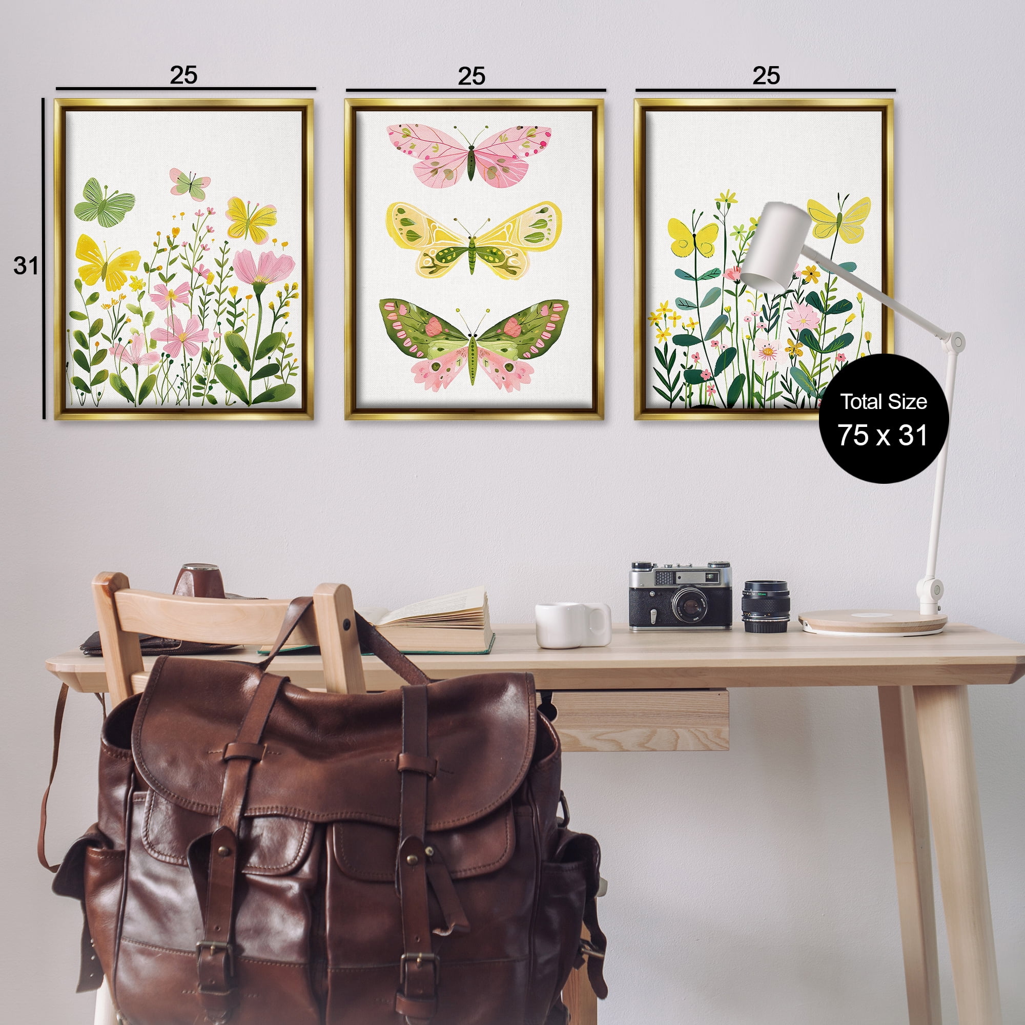 Stupell Industries Playful Butterflies and Florals Animals Painting Gold Floater Framed Canvas Art Print Wall Art, 25 x 31, Set of 3