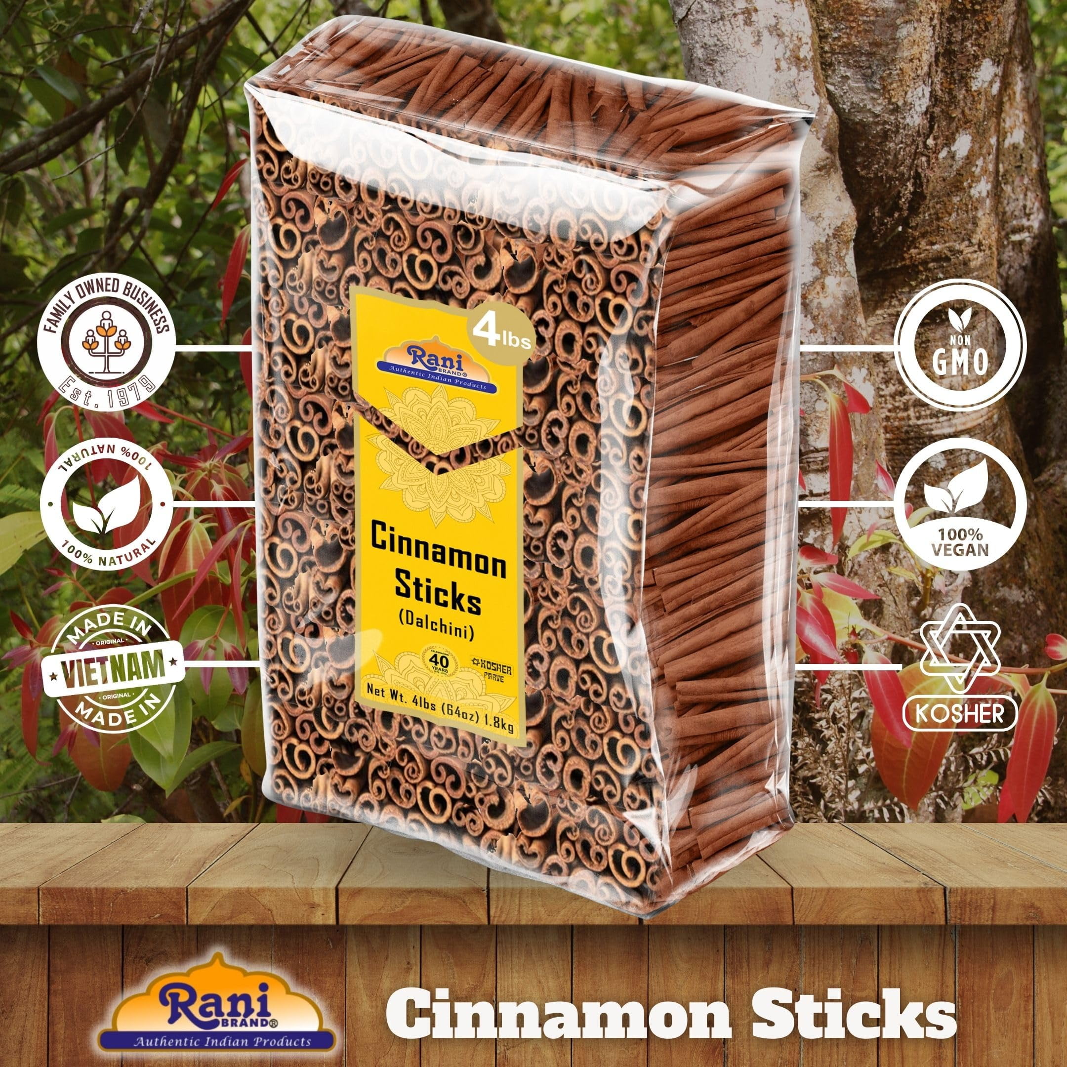 Rani Cinnamon Sticks 64oz (4lbs) 1.81kg Bulk Bag - 350-400 Sticks - Strong Aroma, Perfect for Baking, Cooking & Beverages | 3+ Inches Length - Cassia Saigon Cinnamon from Vietnam | Kosher