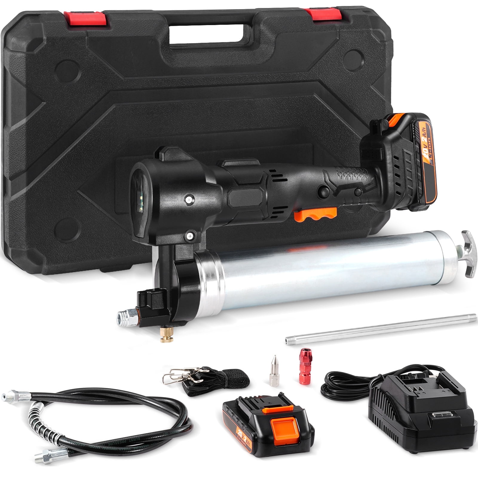 KFFKFF Wireless Grease Gun, 20V, 10K PSI, 39-inch Hose, Electric Lubrication Kit with Portable Case, Includes 2 Batteries & Charger, Black