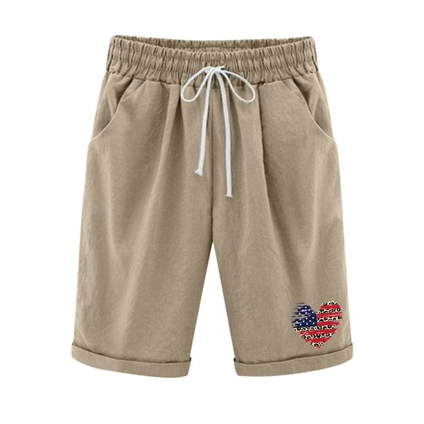 Pantalones cortos de lino y algodón de talla grande con estampado de bandera de verano para mujer con cinco puntos Pompotops ulkah937680