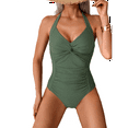 thumbnail image 3 of Traje de Baño de una Pieza para Mujer, Estilo Halter, Fruncido, Control de Abdomen, Push Up Verde S, 3 of 9