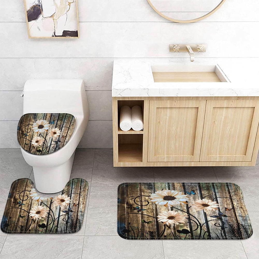 Rustic Farmhouse Floral Bathroom Shower Curtain Set with Toilet Lid Cover and Non-Slip Rugs, Barn Wood Daisy Butterfly Gray Retro 4 Pcs Shower Curtain Set Restroom Decor Accessories with Hooks,72X72in