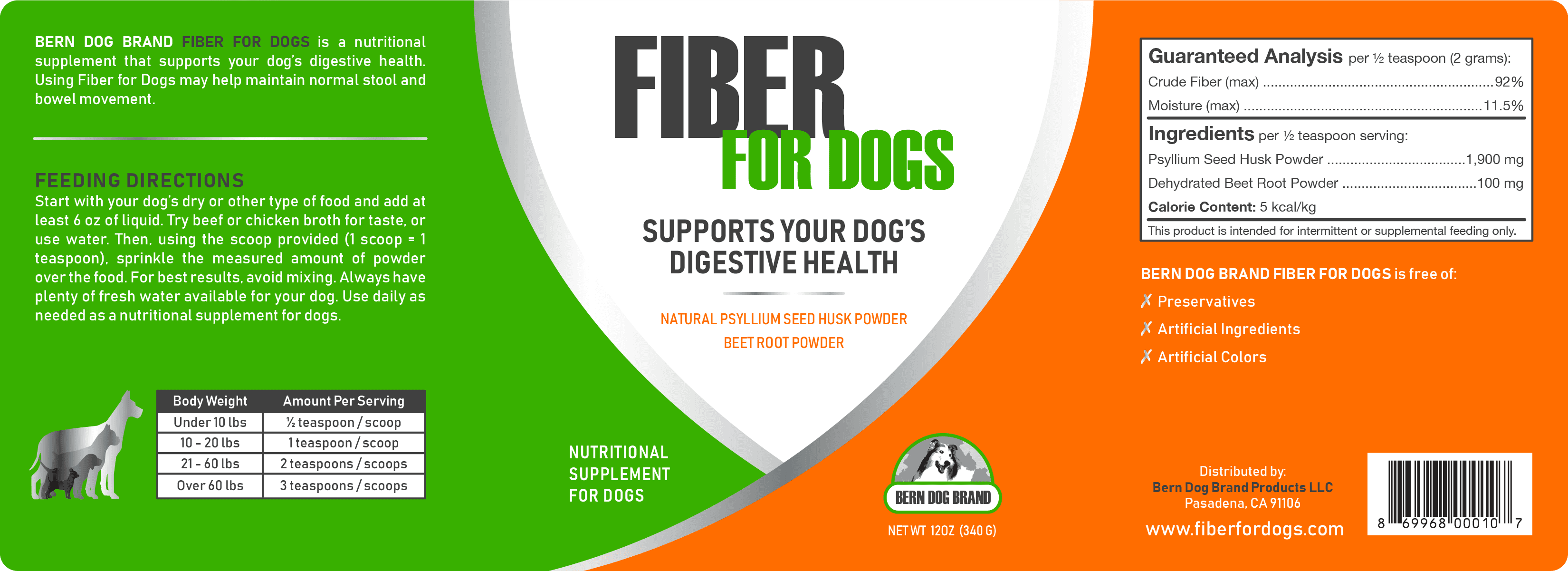 Fiber for Dogs Psyllium Seed Husk Powder & Dehydrated Beet Root Powder Aids a Number of Intestinal Disorders in Dogs Including Diarrhea, Constipation & Anal Gland Issues. Available in 6 and 12 oz.
