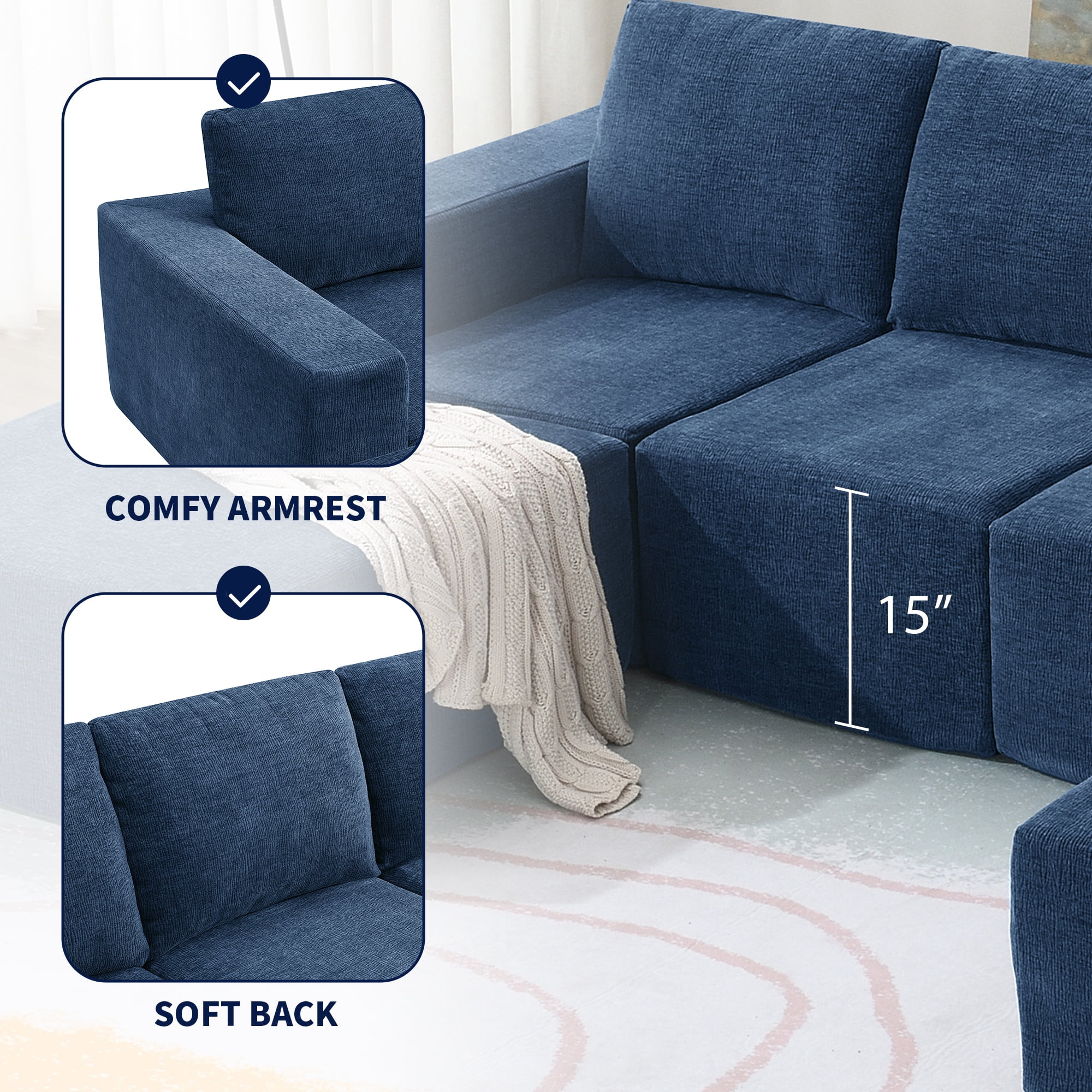 EUROCO Modular U Shaped Sectional Sofa - Upholstery - Navy