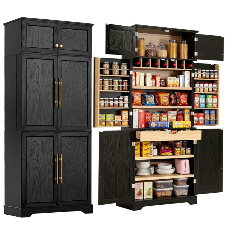 Farmhouse Kitchen Pantry Cabinet with 8 Door Shelves, 72''H Tall Kitchen Storage Cabinet with 4 Adjustable Shelves & Hidden Drawer, Versatile Cupboard with Wine Rack