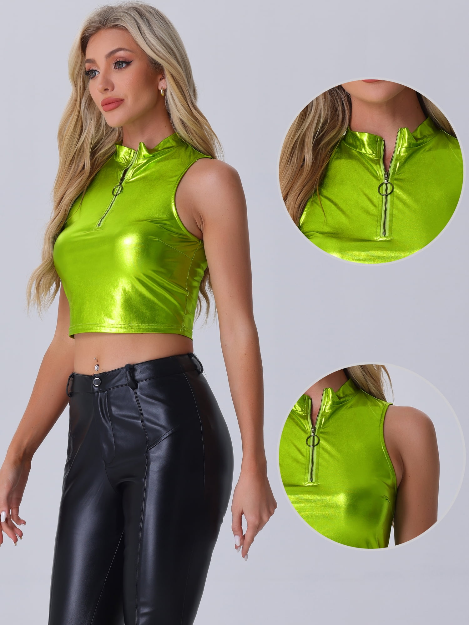DARING DIVA Women's Mock Neck Sparkle Party Tops M Light Green