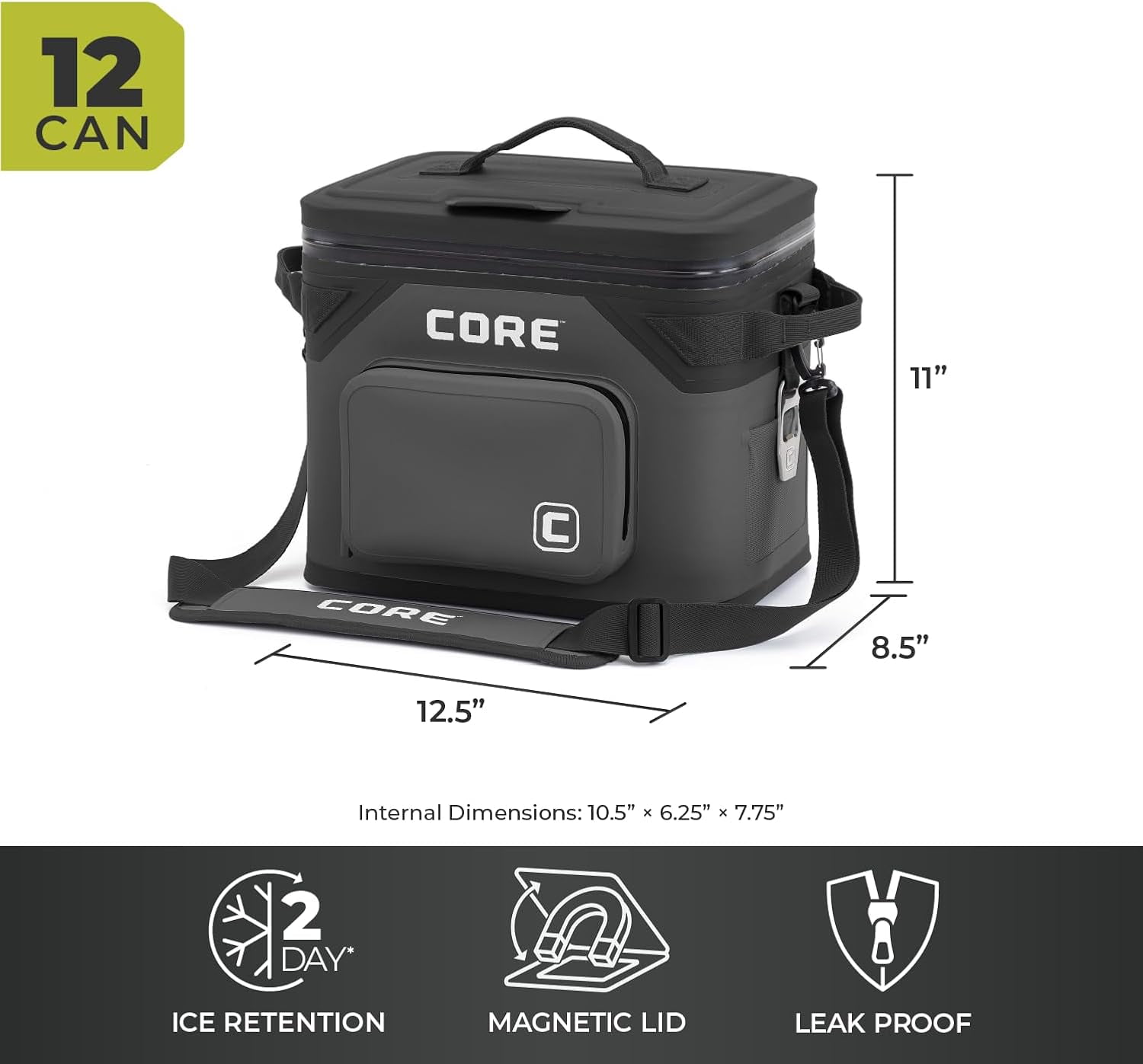 CORE 12 Can Climakeep Magnetic Soft Cooler, Leakproof Cooler, Waterproof Zipper, Charcoal