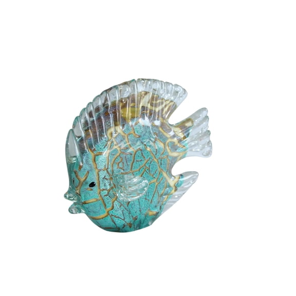 NIFAO Glass Reef Fish Figurine Teal Crackle Art Glass 8" x 3" x 6"H