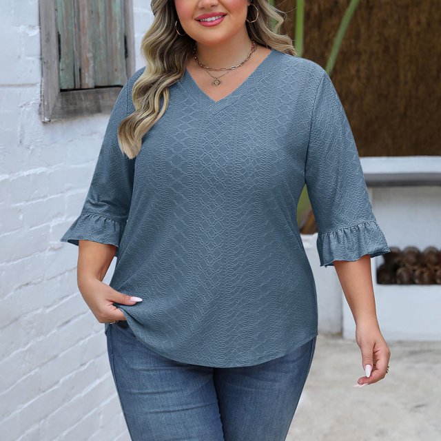 Weiqiqre T-Shirts pour Femmes Hauts Grande Taille Blouses à Manches 3/4 Chandails à Col Rond Tuniques Décontractées Amples