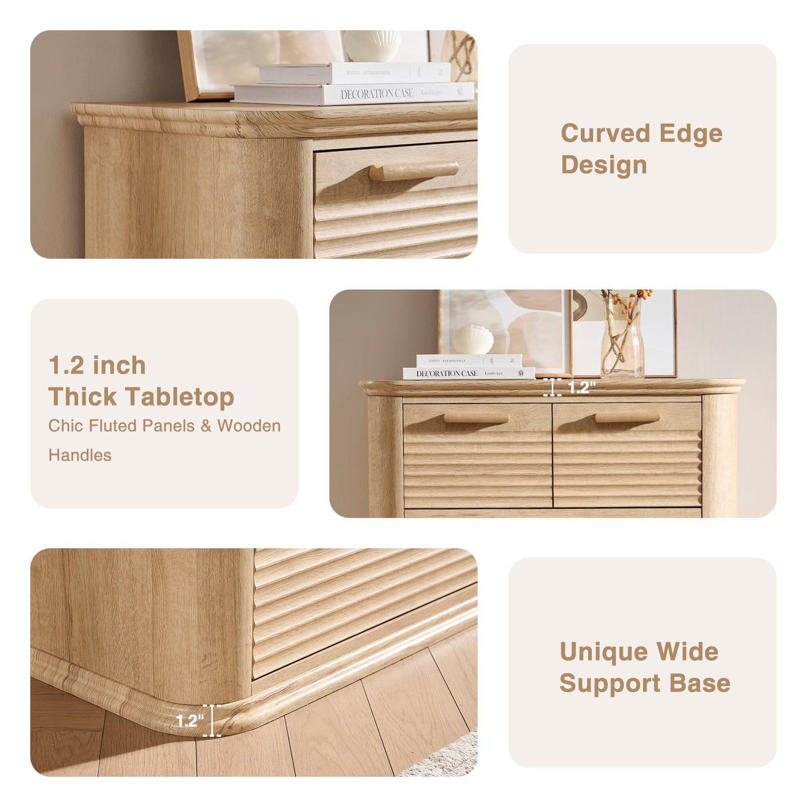 Hommoo 6 Drawers Dresser Storage Organizer, Modern 45" Tall Dresser with Curved Profile Design, Wood Fluted Drawer Chest for Living Room, Oak