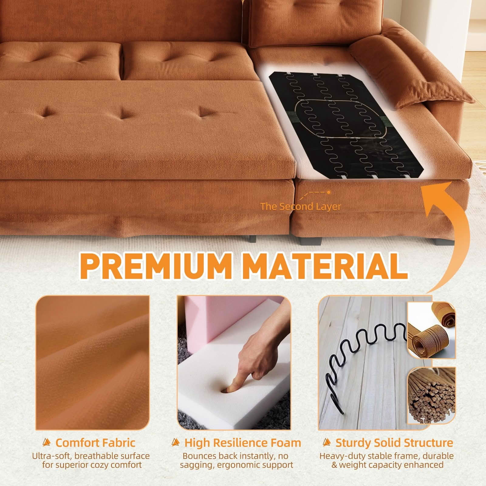 MAYEERTY 109.5" U‑Shaped Pull‑Out Sleeper Sofa, 2‑in‑1 Convertible Modular Sectional with Removable Armrests, USB Ports, Chaise Lounge, 4 Pillows Included