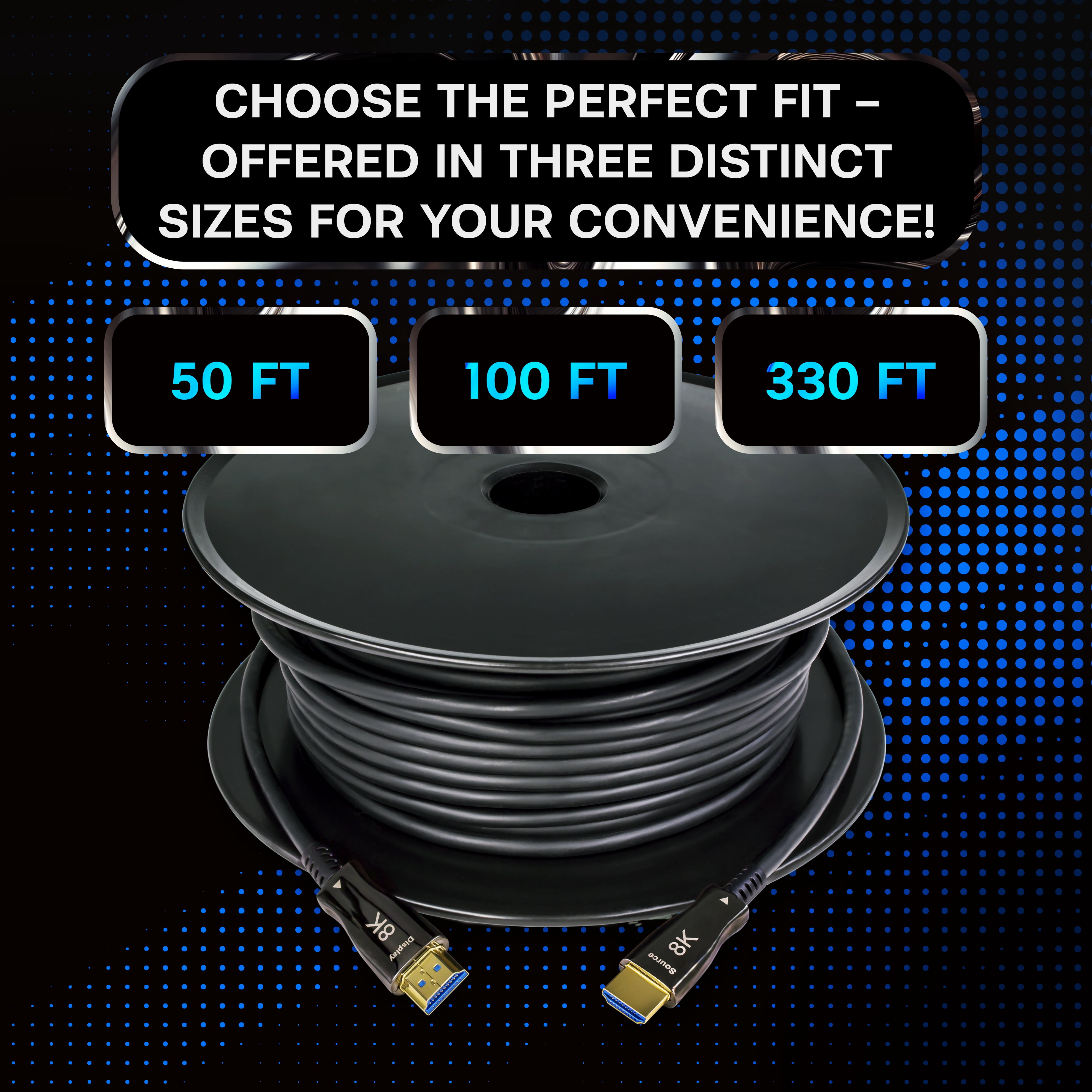 SatelliteSale Digital Fiber Optic 8K HDMI 2.1 Cable 8K/60Hz 48Gbps Universal Wire PVC Black Cord for Media Players, TVs, Monitors, 330 feet