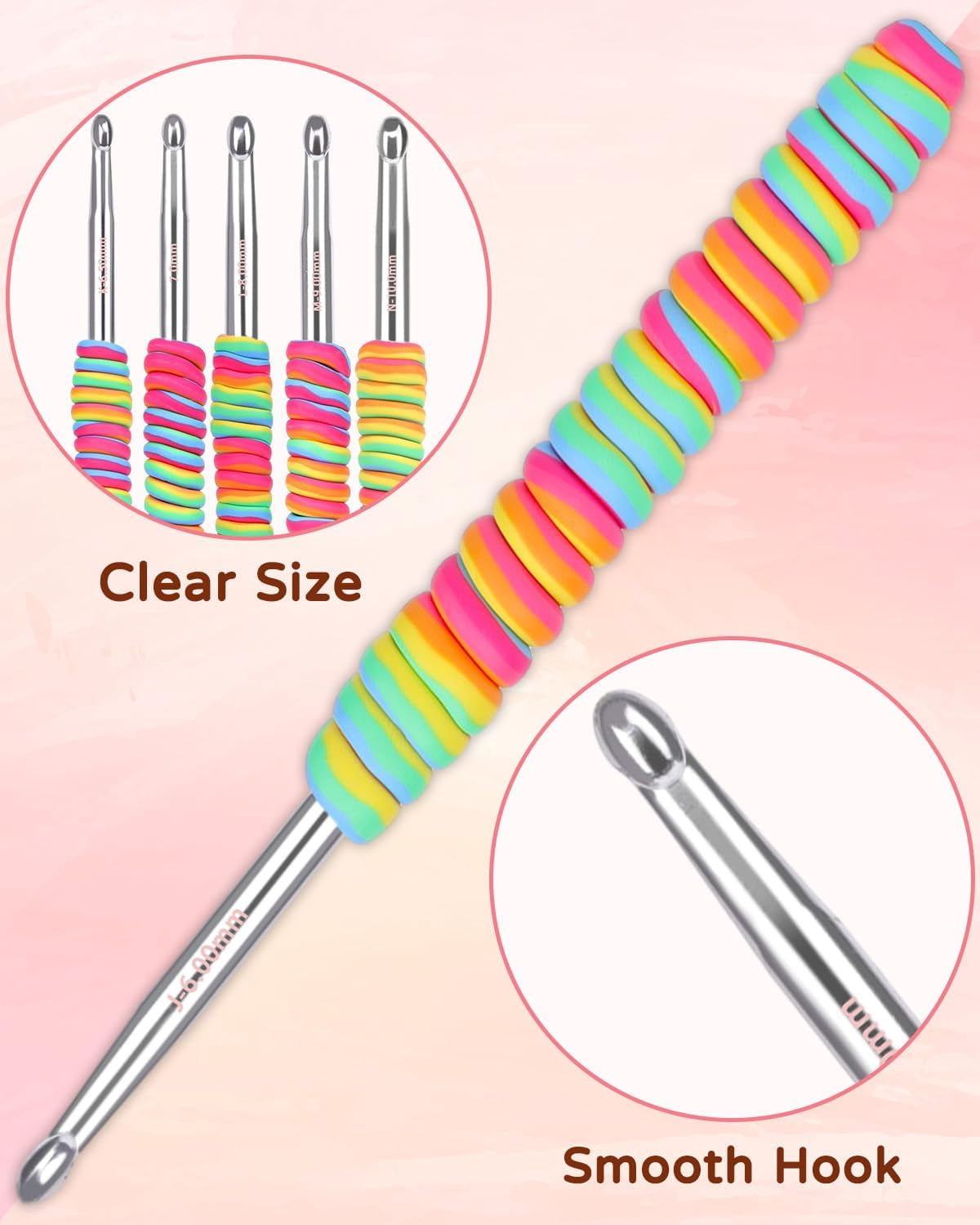 Large Crochet Hooks Set, Rainbow Non-Slip Spiral Grip, K/6.5mm, 7.0mm, L/8.0mm, M/9.0mm, N/10.0mm, Aluminum Crochet Needles for Blankets Scarves Sweaters, Crochet Hook for Beginners & Crafters