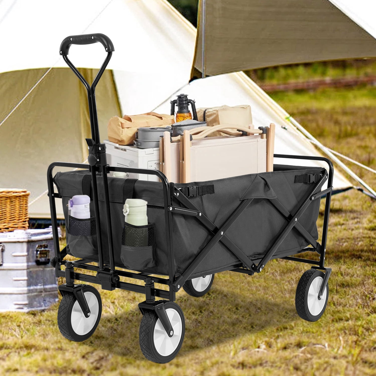 Collapsible Wagon Cart Folding Wagon Heavy Duty Utility Beach Wagon Portable Foldable Garden Cart with All-Terrain Wheels& Adjustable Handle , Grey