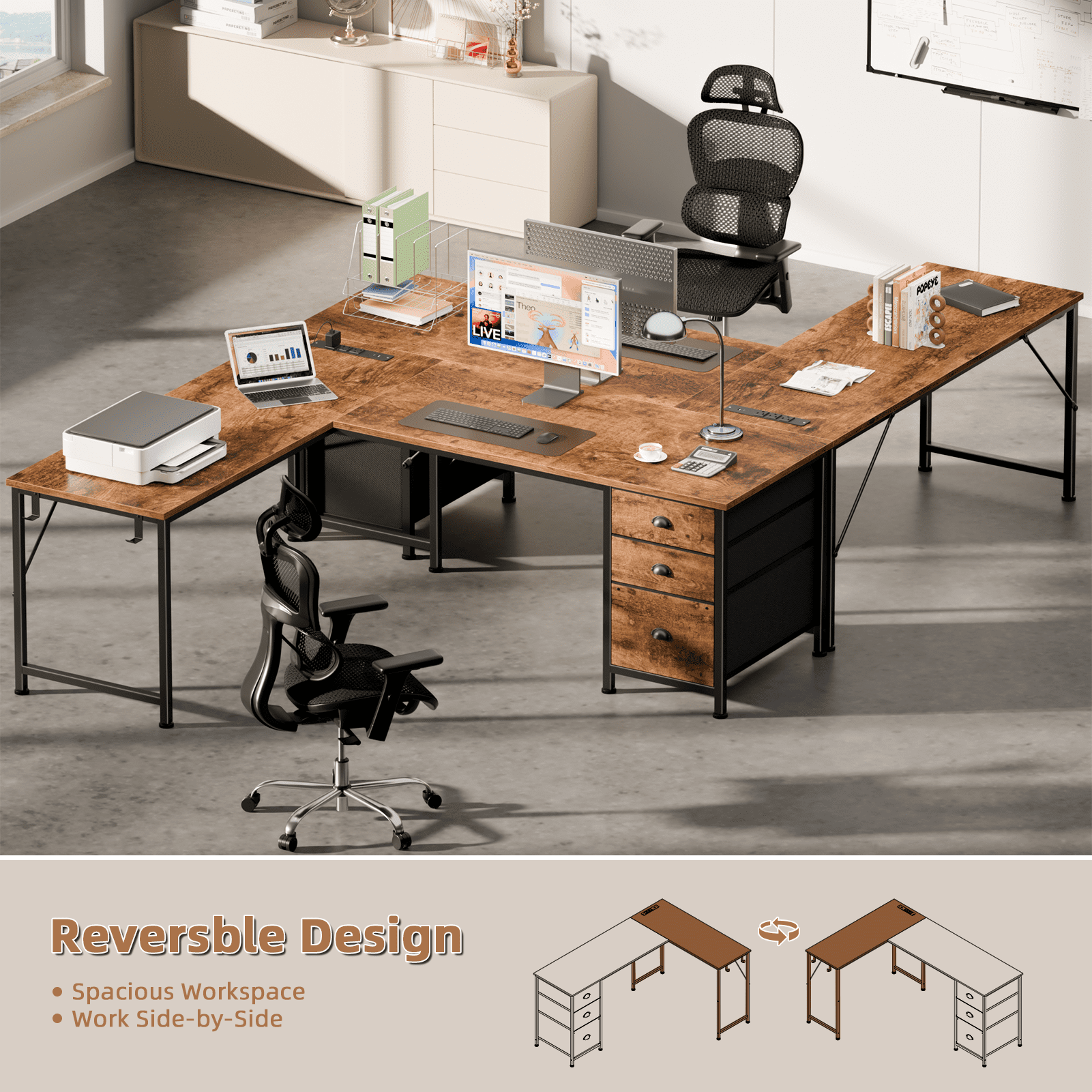 Satifur 63 Inch Reversible L Shaped Corner Computer Desk, Rustic Home Office Desk with 3 US AC Outlets 1 USB 1 Type-C Charging Port, 2 Non-Woven Drawers & File Cabinet, L Hooks & Cable Hole Plugs