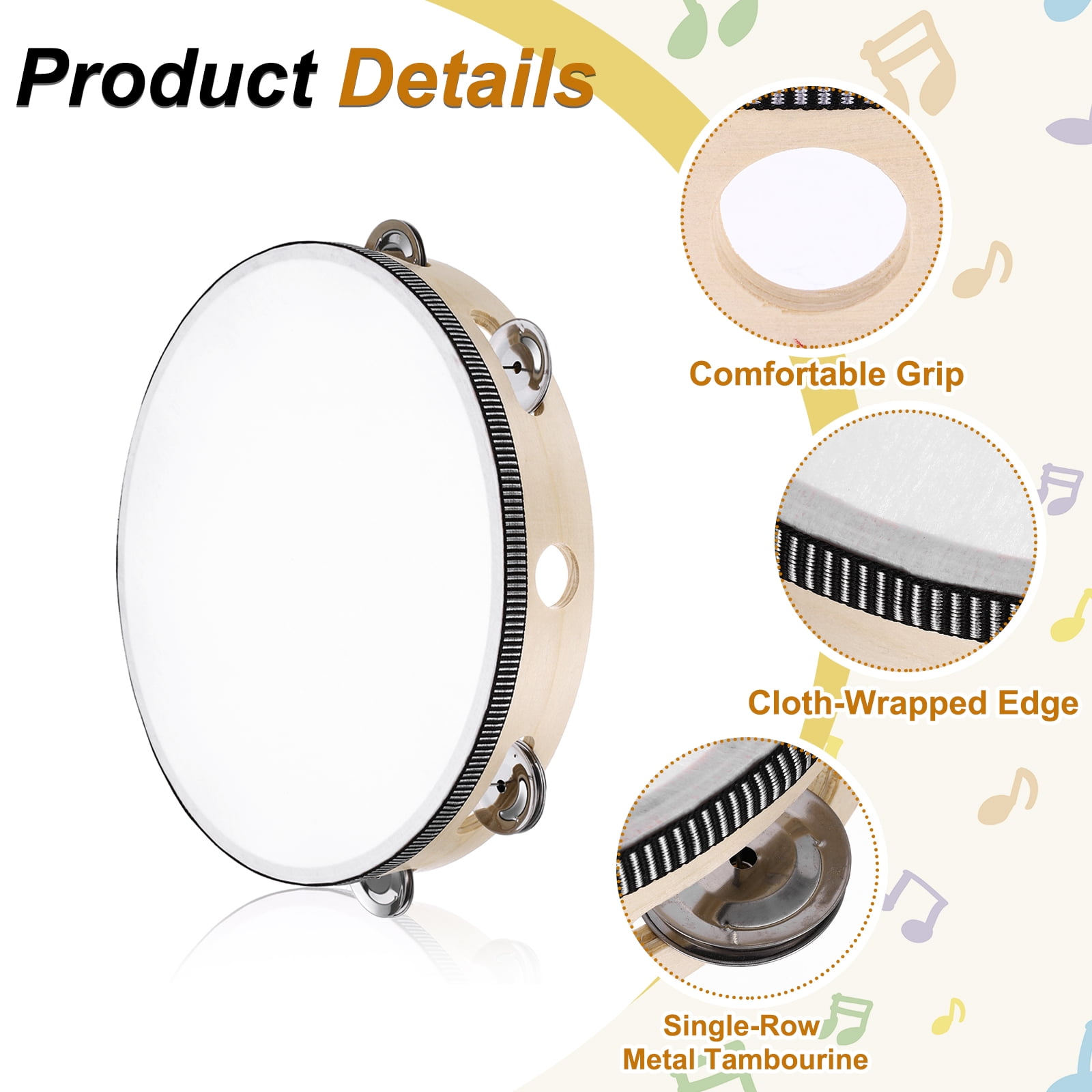 Uxcell 1 Pcs Tambourine Drum 10 Inch Wood Hand Held Tambourine Single Row Metal Jingle Percussion Musical Drum Instrument for Adults Church Wedding Party Games, Wood Color