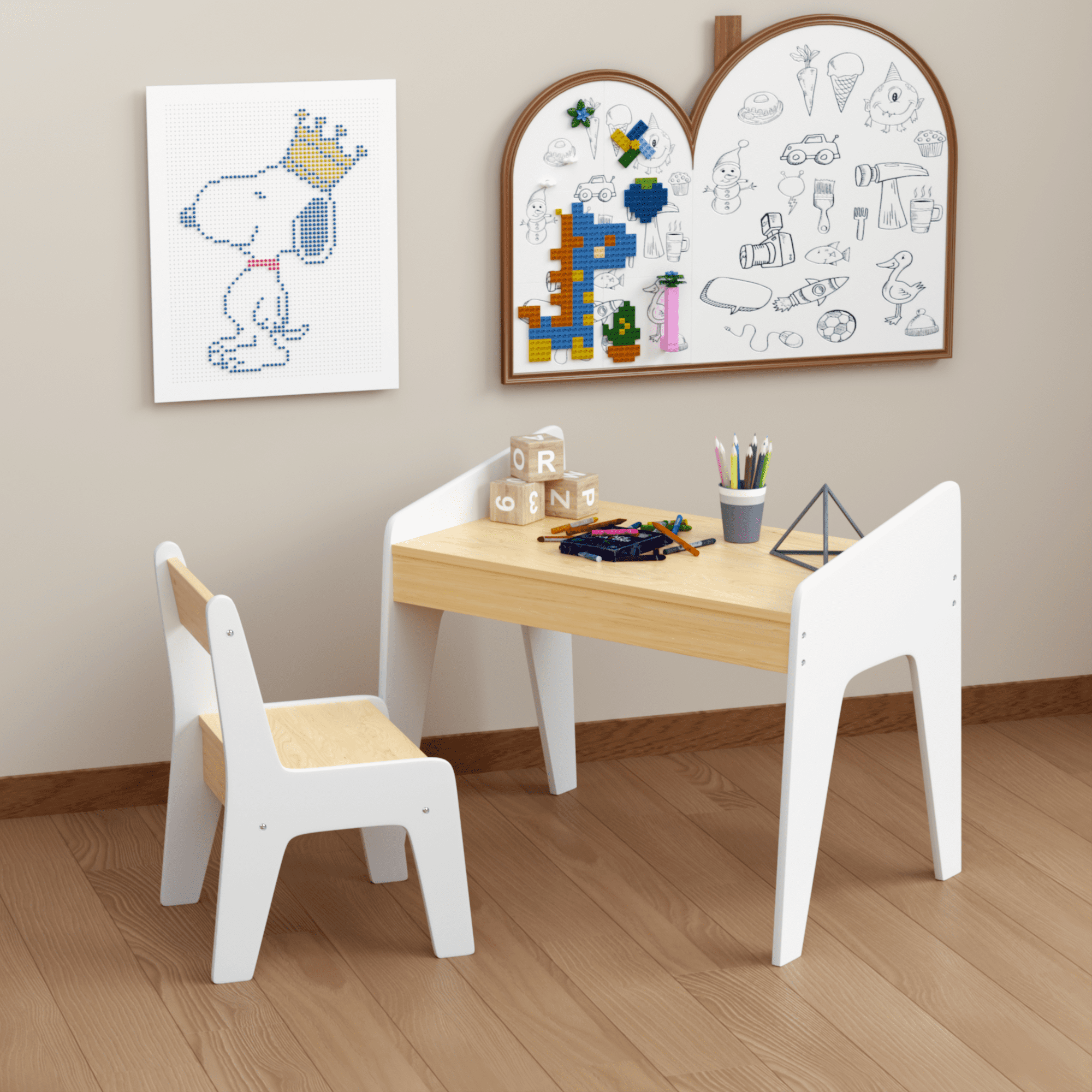 Kids Table Set with One Chair Wooden Children Study Table 2-8  Age Kids Funiture  White+Natural
