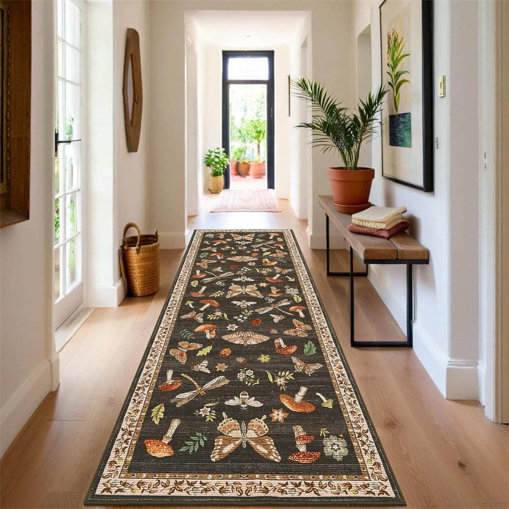 Washable Runner Rug Modern Insect Floral Print Area Rug Mushroom Carpet for Kitchen Stain Resistant Carpet with Non-Slip Backing Low Pile Floor Cover for Hallway Laundry Bedroom