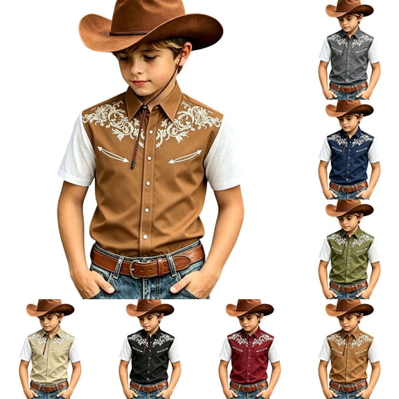 KHONTS Western Cowboy Shirts for Boys Kids Collared Button down Short Sleeve Tops Summer Vacation Tees,Size 6-15 Years Wine XS