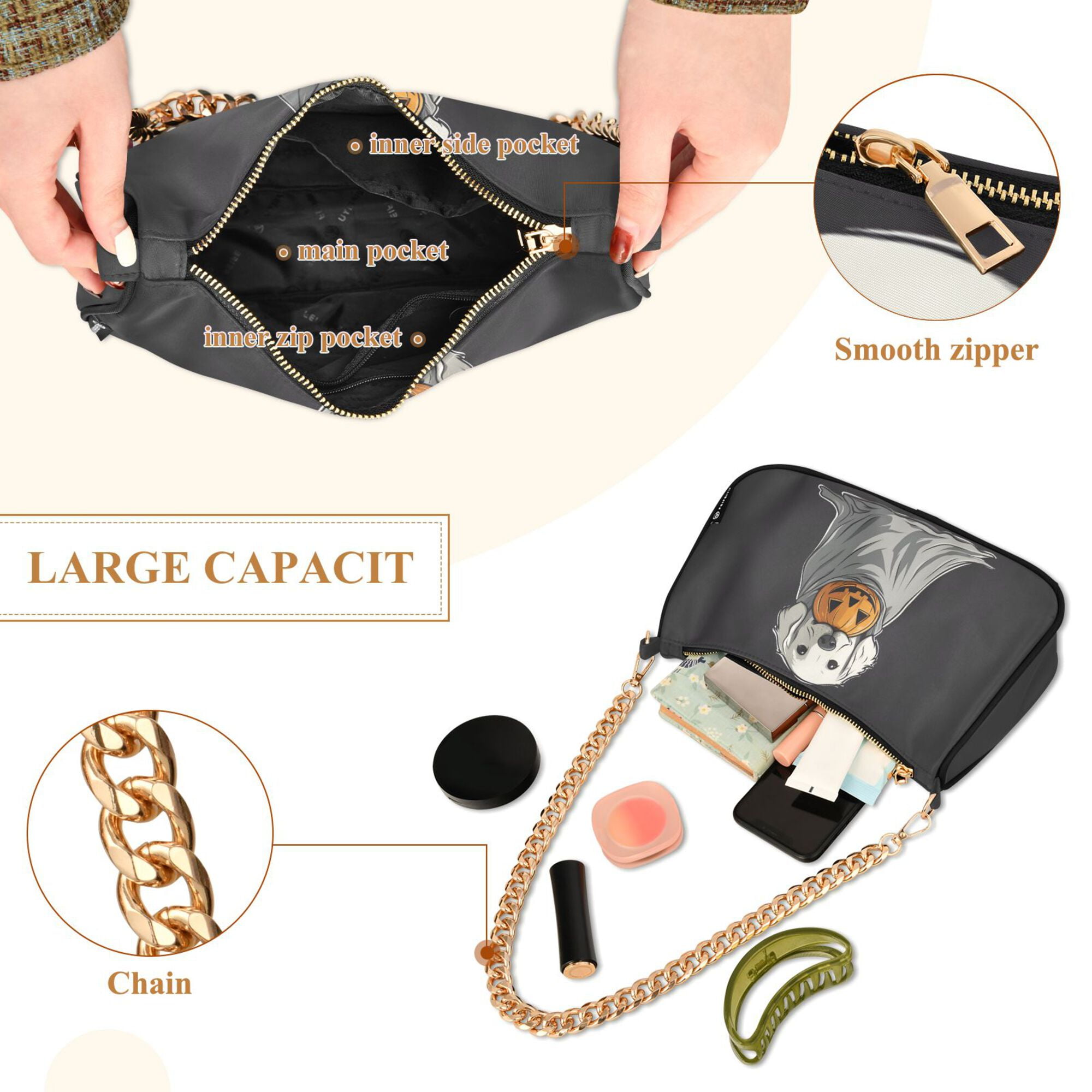FORMRS Womens Shoulder Bag with Chain Strap Clutch Purse Cute Tote Handbag, White Halloween Dog