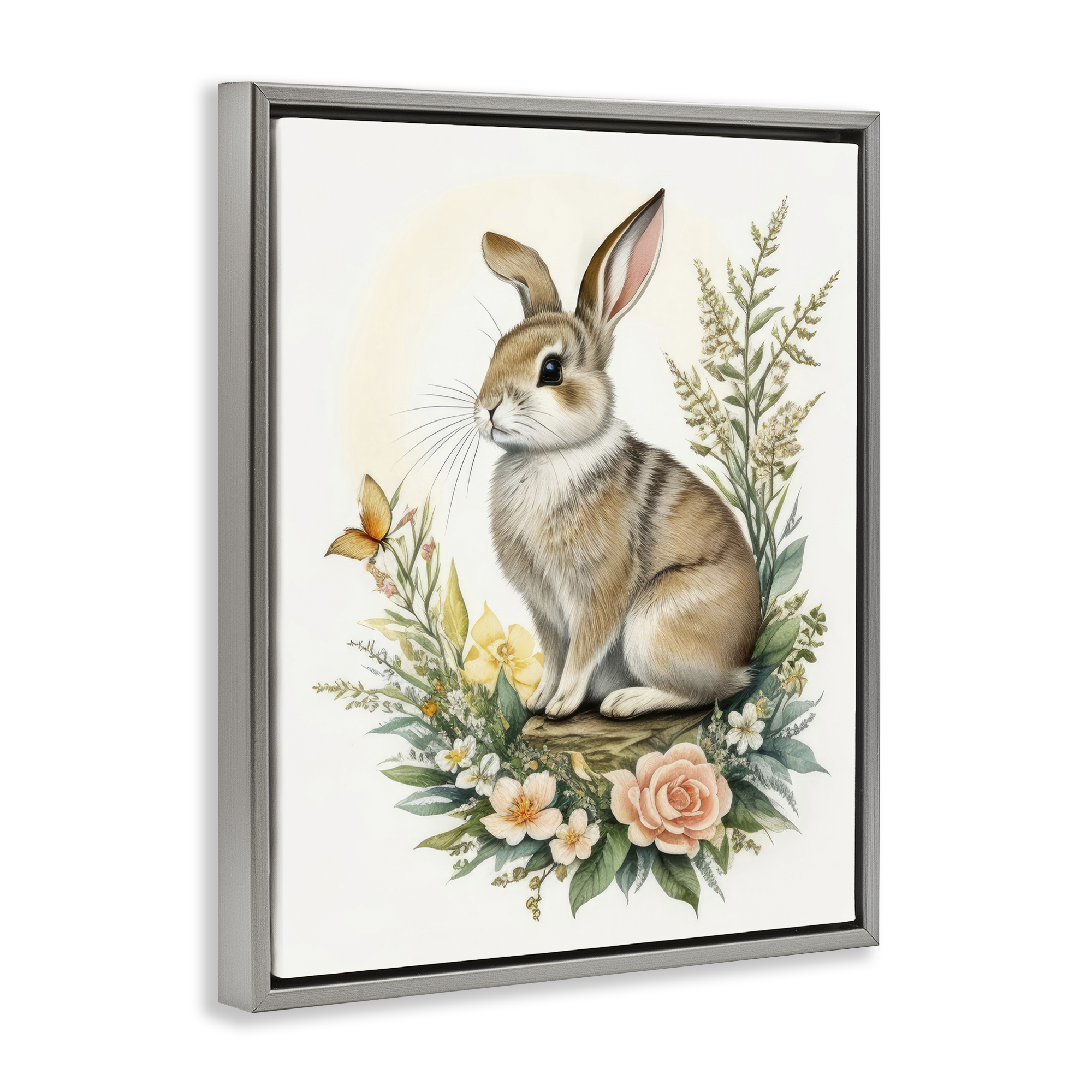 Stupell Industries Rabbit Among Flowers Animals & Insects Painting Gray Floater Framed Canvas Art Print Wall Art, 17 x 21