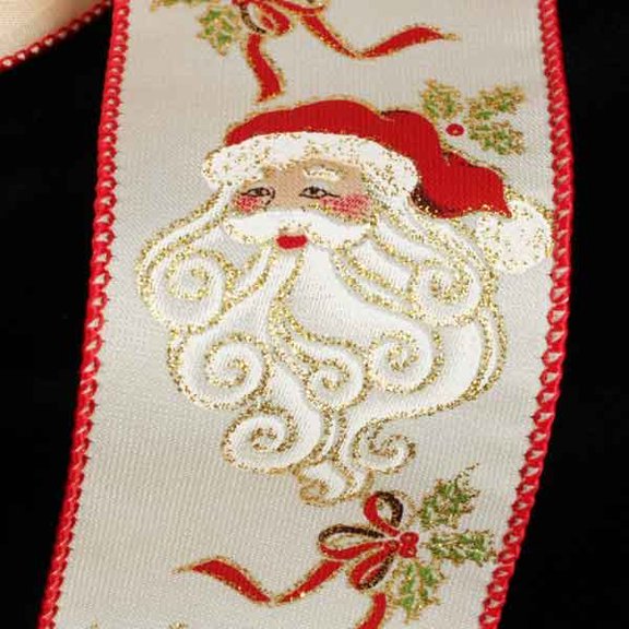 The Ribbon People Ivory and Red Big Beard Santa Print Wired Craft Ribbon 2.5" x 20 Yards