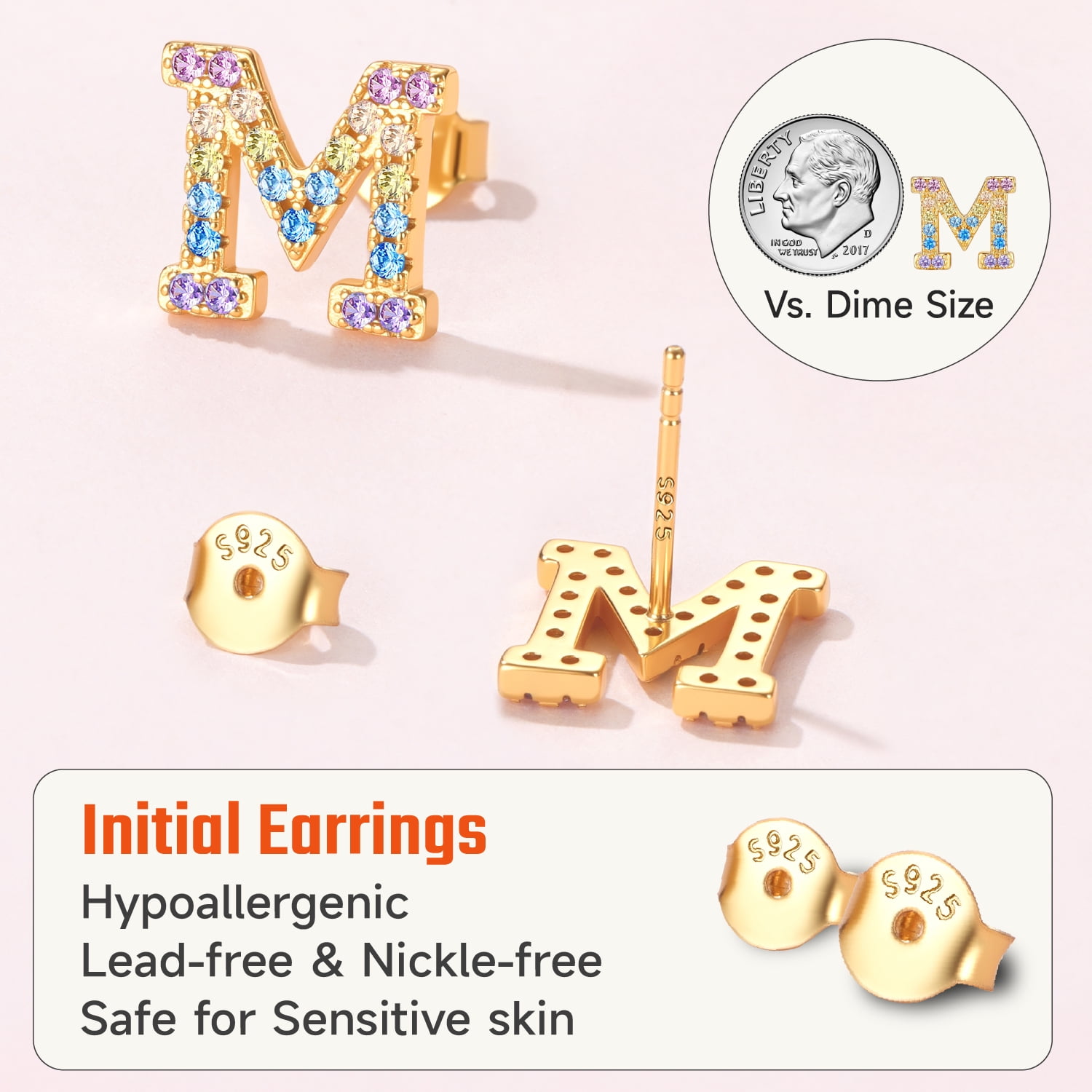Just Being Cute Initial Earrings for Women Rainbow Cubic Zirconia Letter Stud Earring Hypoallergenic Alphabets M Studs Birthday Mothers Day Jewelry for Mom/Her with Gift Card